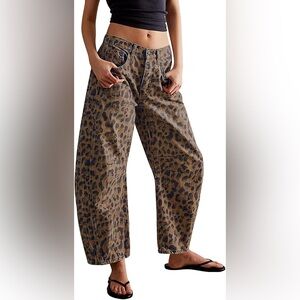 Women Baggy Barrel Jeans Casual Boyfriend Mid Leopard Wide Leg Denim Large